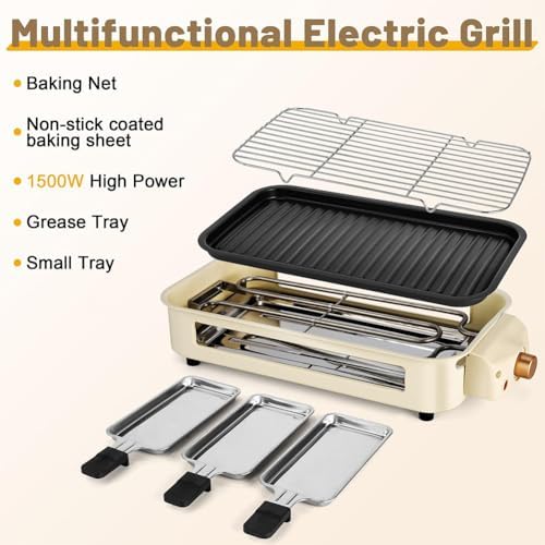 Elektryczny grill wewnętrzny o mocy 1500 W, wielofunkcyjna patelnia grillowa i patelnia do smażenia i pieczenia, łatwa do czyszczenia