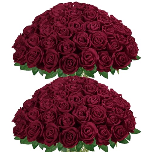 Image of InnoGear 50 Pcs Burgundy Roses Artificial Flowers, Fake Velvet Silk Red Rose Bulk Faux Flower for Decoration Wedding Centerpieces Proposal Bridal Bouquets Shower Party Home Floral Decor (50, Burgundy)
