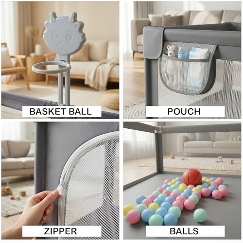 Image of Baybee 180 x 150 CM Kids Playpen for Babies with Basket Ball Hoop | Baby Play Area Indoor Setup with Colourful Balls, Zipper Door & Toys Pouch | Kids Activity Play Gate Fence with Corner Protection | Outdoor play pen for baby for 0 - 5 years Boys Girls (Grey)