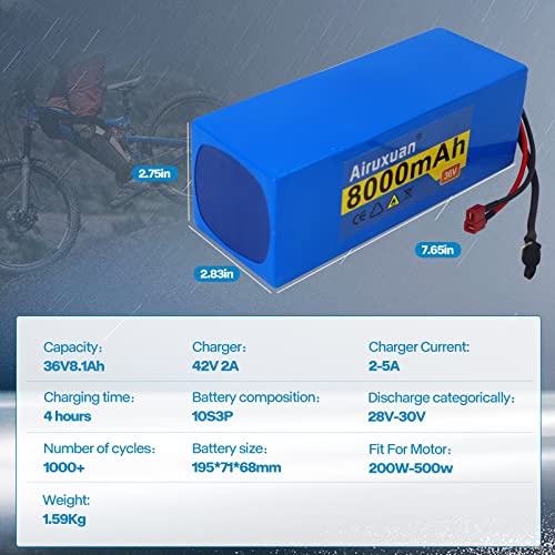 Image of 36V Ebike Battery 8Ah 36V Lithium Battery with 2A Charger, T-Plug, XT60 Connector and BMS for 250-1000W Electric Bicycles Motor /Ebike Kit