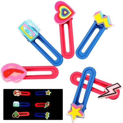 6 Piezas Pinzas de Pelo Luminosas de los 80s y 90s para Niñas y Mujeres, Accesorios de Pelo Retro que Brillan en la Oscuridad, Estilo Casete, Corazón, Estrella, Labios y Rayo Neon para Conciertos y Fiestas miniatura 1