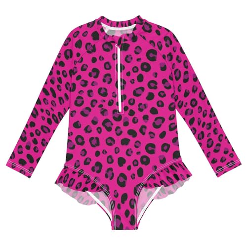 ALAZA Leopard Print Black Funny Girls One Piece Swimsuit Long Sleeve Rash Guard Swimsuits UV 50+ Swimwear Zipper
