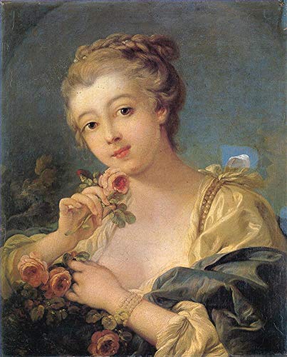 Peinture François Boucher Jeune femme aux roses, toile rococo faite main par un maître