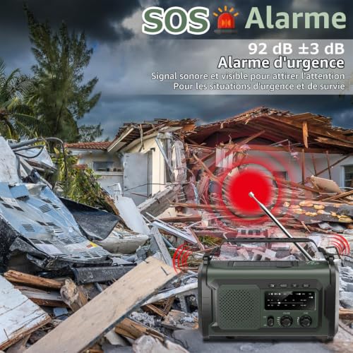 Radio de Secours 27000mAh à Manivelle et Solaire, AM/FM Emergency Radio avec Alarme SOS, Haut-Parleur Bluetooth, Batterie Externe et Lampe LED, pour Urgence, Camping et Maison (Vert 27000mAh) – vue 8