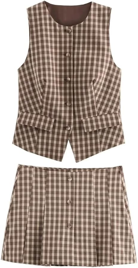 Women's Office Plaid Suit Single Breasted Sleeveless Blazer Zipper Straight Shorts