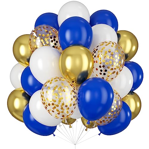 Image of Balloons Royal Blue White Gold Balloons for Graduation Decorations Metallic Chrome Gold Confetti 12inch Dark Deep Blue White Latex Balloon for Birthday Party Anniversary Baby Shower