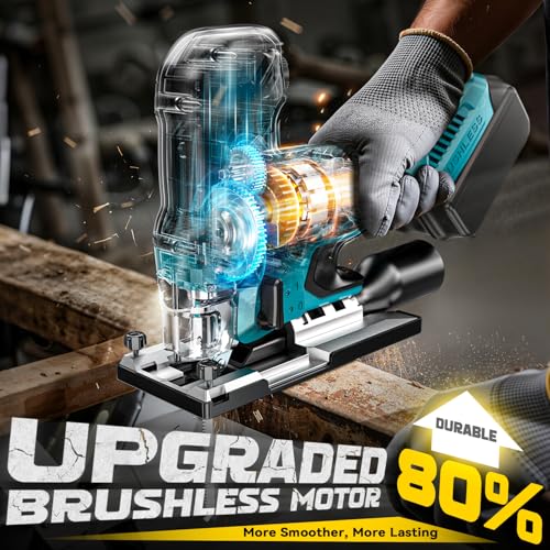 Image of Ecarke Cordless Jig Saw Compatible With Makita 18V Battery, Brushless Motor 3800RPM, 7 Speeds Dial Control, Free-Tool ±45 Bevel Cuts, 4 Orbital Action, Dust Blows and 6 Blades For Cutting, Tool Only