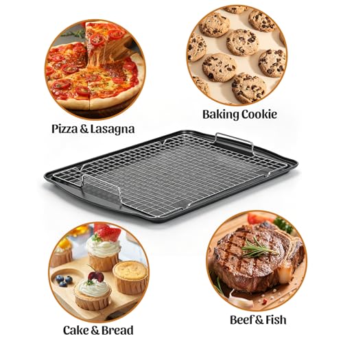 Image of 17.3 inch Large Baking Sheet with Rack & Glove, Carbon Steel Cookie Sheets for Baking, Nonstick Heavy Duty, Dishwasher Safe, Easy Clean, Dark Gray