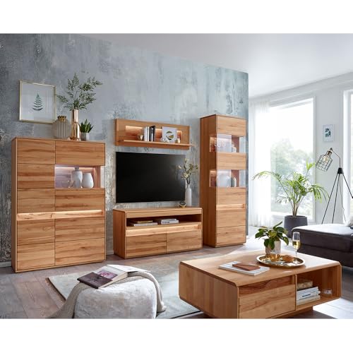 Lomadox Wohnwand Wohnmöbel Set Kernbuche Buche massiv geölt mit Highboard, Wandboard, Lowboard, Vitrine, Couchtisch & LED-Beleuchtung, 5-teilig - Echtholz/Massivholz, Softclose, grifflos