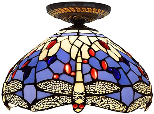 Lampe de plafond style Tiffany en verre motif libellule pour chambre et salon