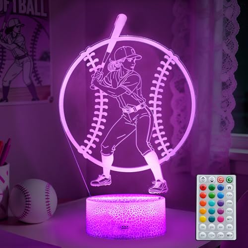 Image of Baseball Gifts for Girls, Softball Night Light, 3D Illusion Lamp with 16 Colors Changing, Timer, 4 Flash Modes and Dimmable, Accessories Stuff for Room Decoration, Kids Girls Holiday Xmas Gifts