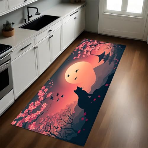 Rouge Tapis de Cuisine Cerisiers en Fleurs Japonais et Chats Long Antidérapant Antifatigue Absorbant Lavable Devant Évier Décoration Maison 40 x 120 cm