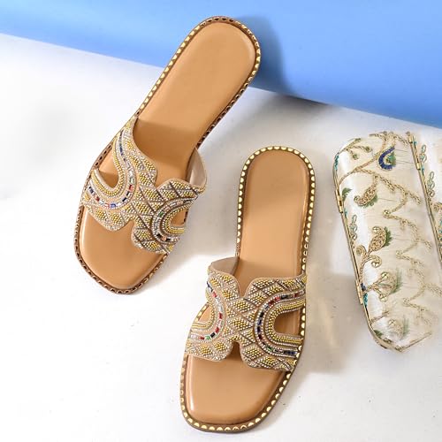 Image of Centrino Women's Beaded Flat Sandals | Stylish Gold Crystal Slip-On with Ornate Cutout Design | Soft Cushioned Footbed |Elegant & Trendy Open Toe Slip-On | Luxury Footwear for Wedding /Party (9301)
