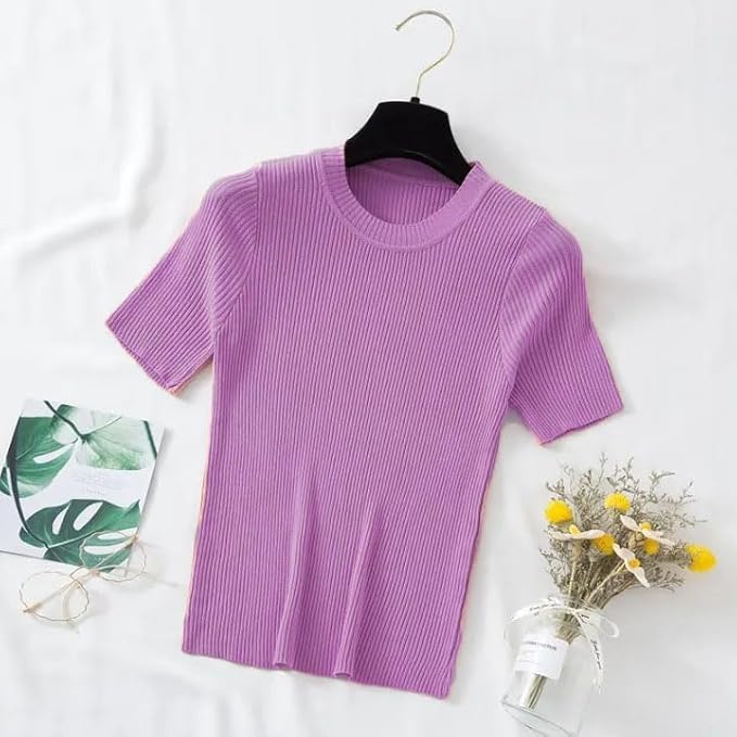 Image of Slim Fit Plain Stretchable Round Neck Rib Knit Short Sleeve Regular Top for Women | T Shirt | Tee