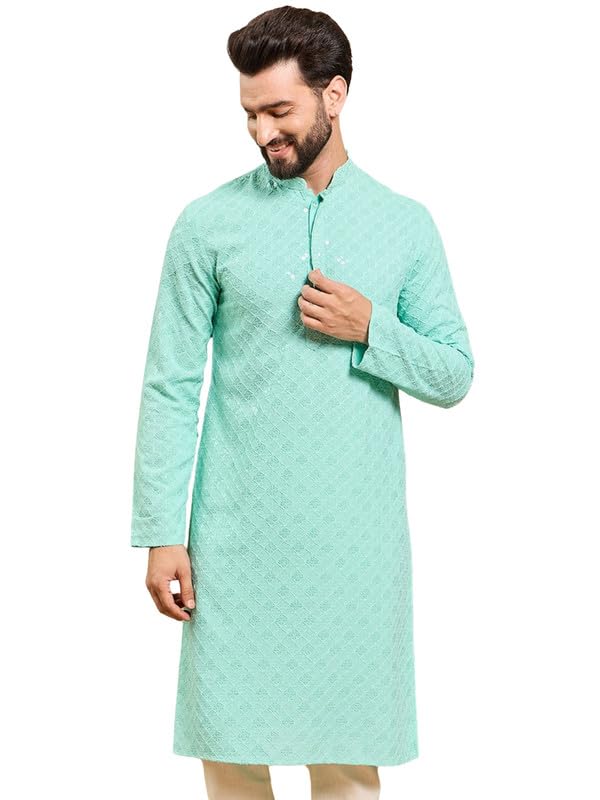 Ethnic Bay Men's Viscose Rayon Solid Embroidered Long Straight Kurta (MKU1030TRQ_S_Sea Green)