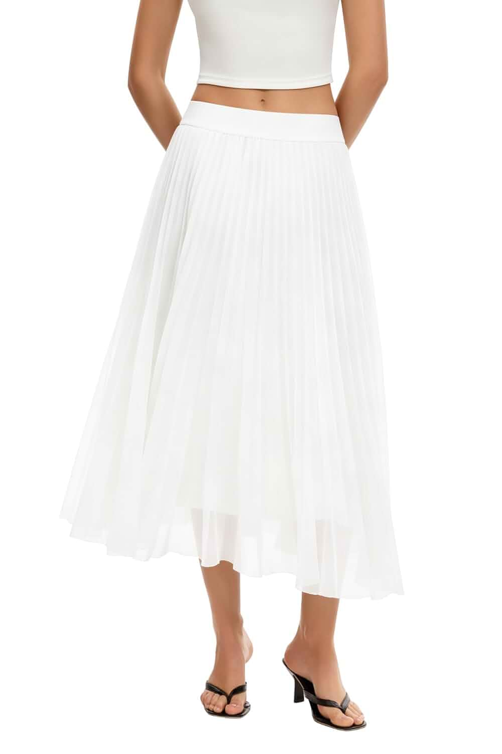 QINSEN Women's Elegant Flowy Pleated Chiffon Skirts Summer A-line Swing Midi Skirts Casual Elastic Waist Soft Lining