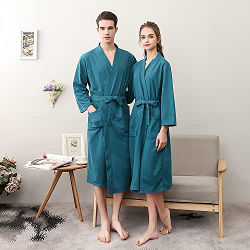 Rojeam Mens Kimono Waffle Robe Unisex Lightweight Soft Knee Length Spa Bathrobe Sleepwear with Pockets3
