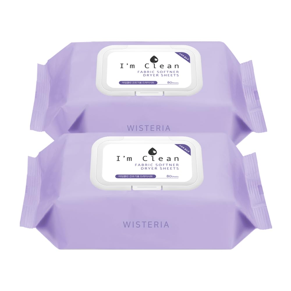I'm Clean Laundry Dryer Sheets, 160 Sheets Total (80ct x 2), Elegant Wisteria Scent, Moist Fabric Softener Sheets for Deodorization & Static Control