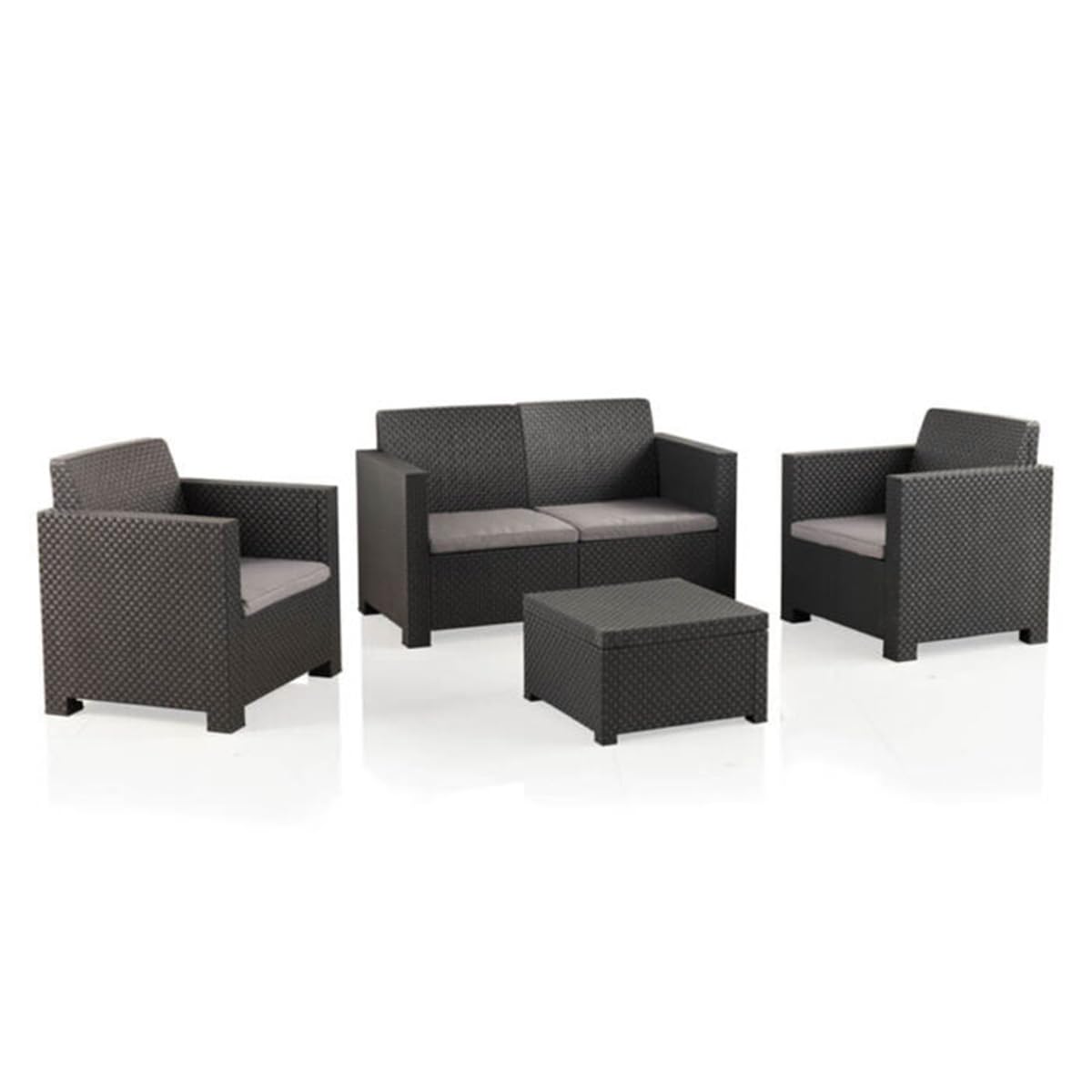 SP Berner SHAF - Conjunto Jardín Exterior y Terraza - Sofá de 2 plazas, 2 Sillones, Mesa Baja y Cojines Asiento - Plástico Reciclado - Set EVO Confort - Grafito