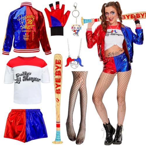 Quinn Damen Bösewicht Kostüm für Erwachsene - Suicide Squad Jacke, T-Shirt, Shorts, Handschuh, Netzstrümpfe, Halskette für Halloween, Karneval,...