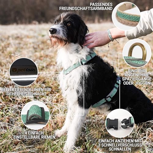 Pettsie No-Pull Hundegeschirr, reflektierend, 4 verstellbare Riemen, einfache Kontrolle mit 2 Leinenclips, passendes Freundschaftsarmband, weicher Hanf für empfindliche Haut, L, Türkis