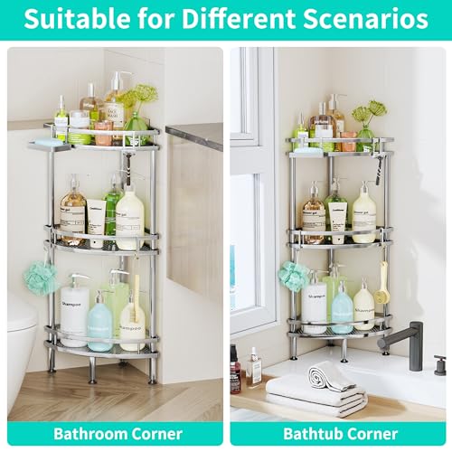 Image of HapiRm Standing Corner Shower Caddy - 3 Tier Shower Organizer Corner with Soap Holder and 4 Hooks, Rustproof Bathroom Storage Shelves with Adhesives, Silver