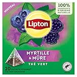 Lipton, Thé Vert, Thé Vert Aromatisé, Infusion à Froid ou Chaud, Goût Myrtille & Mure, Bien Etre, Ingrédients d'Origine 100% Naturelle, 20 Sachets Pyramid