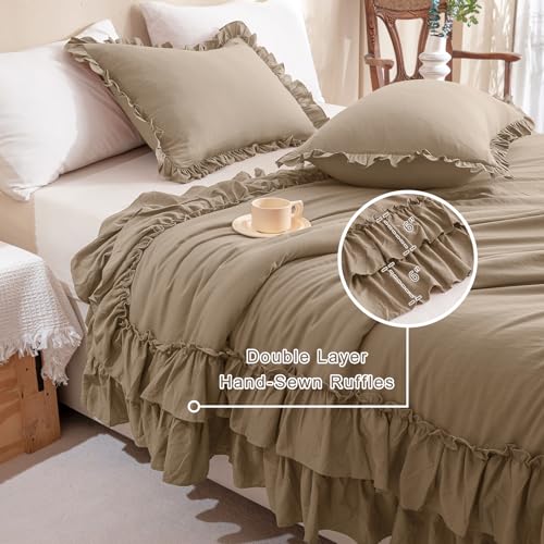 Image of QSH Ruffled Comforter Set King Size,3PCs Light Taupe Shabby Boho Chic Bedding Comforter Sets King, Ultra Soft Farmhouse Lightweight Microfiber Inner Fill Bed Comforter Set