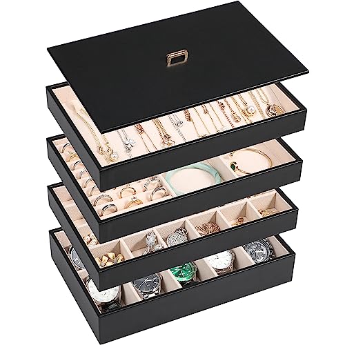 Voova Stackable Jewelry Organizer Tray with Lid, PU Leather Jewelry Storage Holder for Drawer Inserts, Jewellery Display Box Case for Earring Necklace Ring Watch Bracelet (Set of 4, Black)
