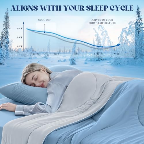Image of Cooling Comforter Queen Size, Double-Sided Cooling Blanket for Hot Sleepers & Night Sweats, Arc-Chill Q-Max > 0.4 Breathable Ice Blanket, Lightweight Cold Comforter (80''x90'', Light Blue)
