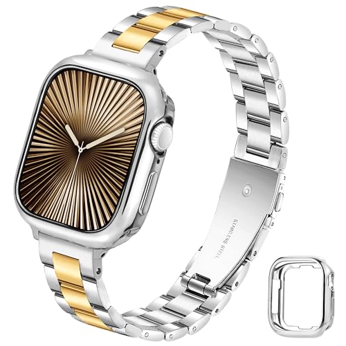 Image of Slim Metal Band for Apple Watch Bands for Women 45mm 44mm 42mm(S3) iWatch Bands with Protective Case, Stainless Steel Thin Dressy Strap for Apple Watch Band Series 9 8 SE 7 6 5 4 3-Silver Gold