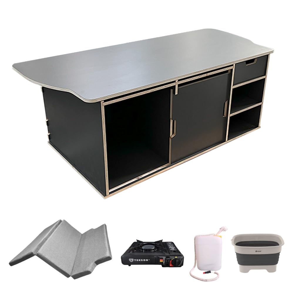 Campingbox für Van/Bus VW Multivan und California T5, T6, T6.1 inkl. Zubehör (Campingküche, Sitzplätze) und Matratze, Kit Campinboxen Abnehmbar Camper-Möbel-Set