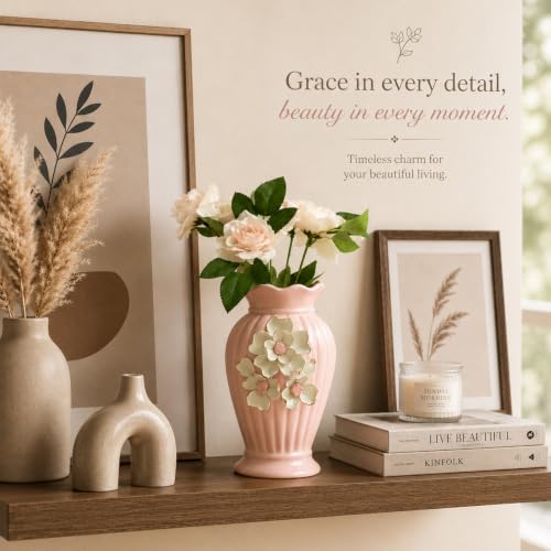 Image of MARKET 99 Pink Ceramic Decorative Vase | Glossy Flared Rim Embossed Leaf Pattern Flower Vase | Elegant Tabletop Accent for Fresh Flowers, Artificial Stems, Home, Office & Shelf Decor