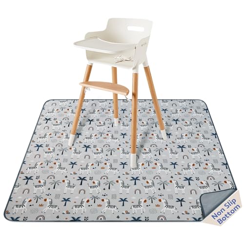 Image of Blissful Diary Baby Splat Mat for Under High Chair, 50.4 x 50.4 Inch Wipeable Splash Mat, Waterproof and Washable, Anti-Slip Floor Protector, Gray Zebra