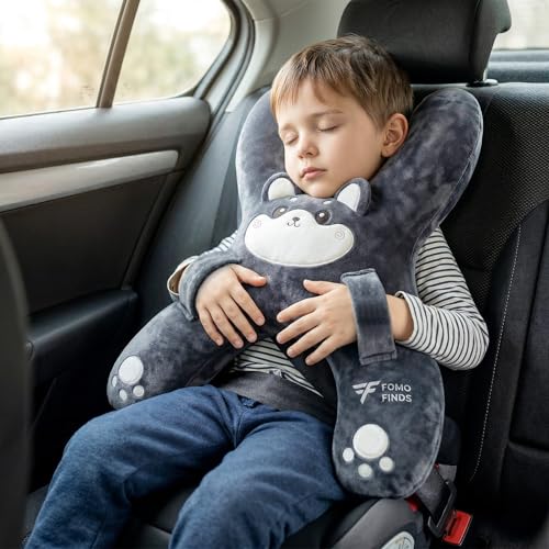 Kids Car Sleeping Pillow H-Shaped for Neck & Back Support Grey Dog
