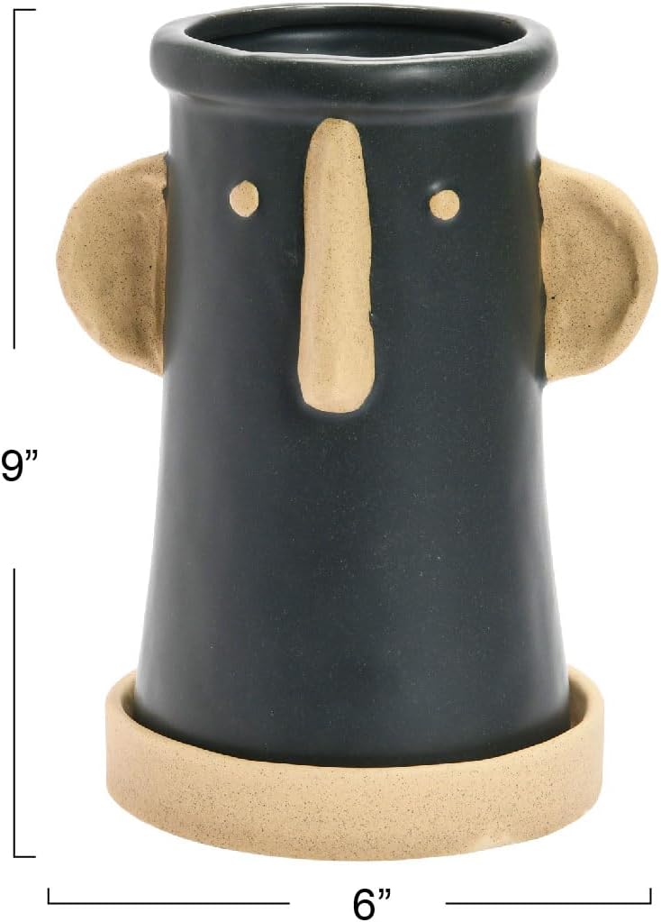 Creative Co-Op Stoneware Face Planter with Saucer, Set of 2, Matte Black and Cream, 9"