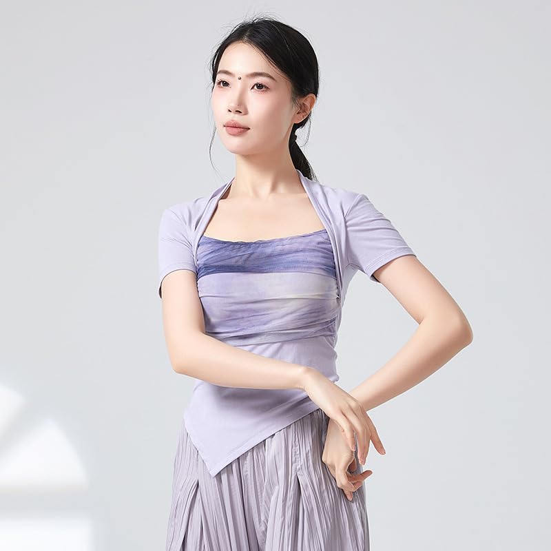HEARTTOUCH Women Modern Wrap Top Ballet Dance Yoga Shirts Workout T Shirt Slim Fit Gym Tops Sport Pullover Shirts (B Purple,Medium)