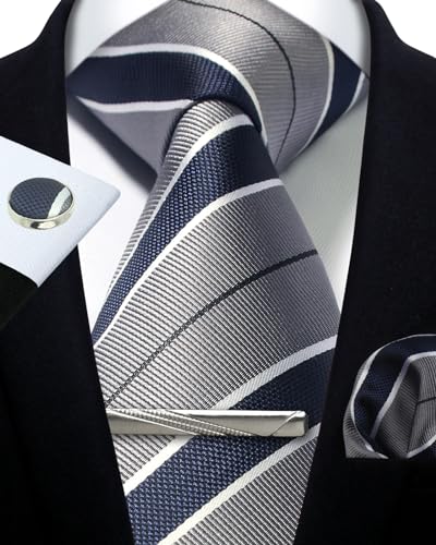 Image of Striped Plaid Polka Dot Mens Tie Formal Necktie Pocket Squares Ties Clips Cufflinks Classic for Men Set