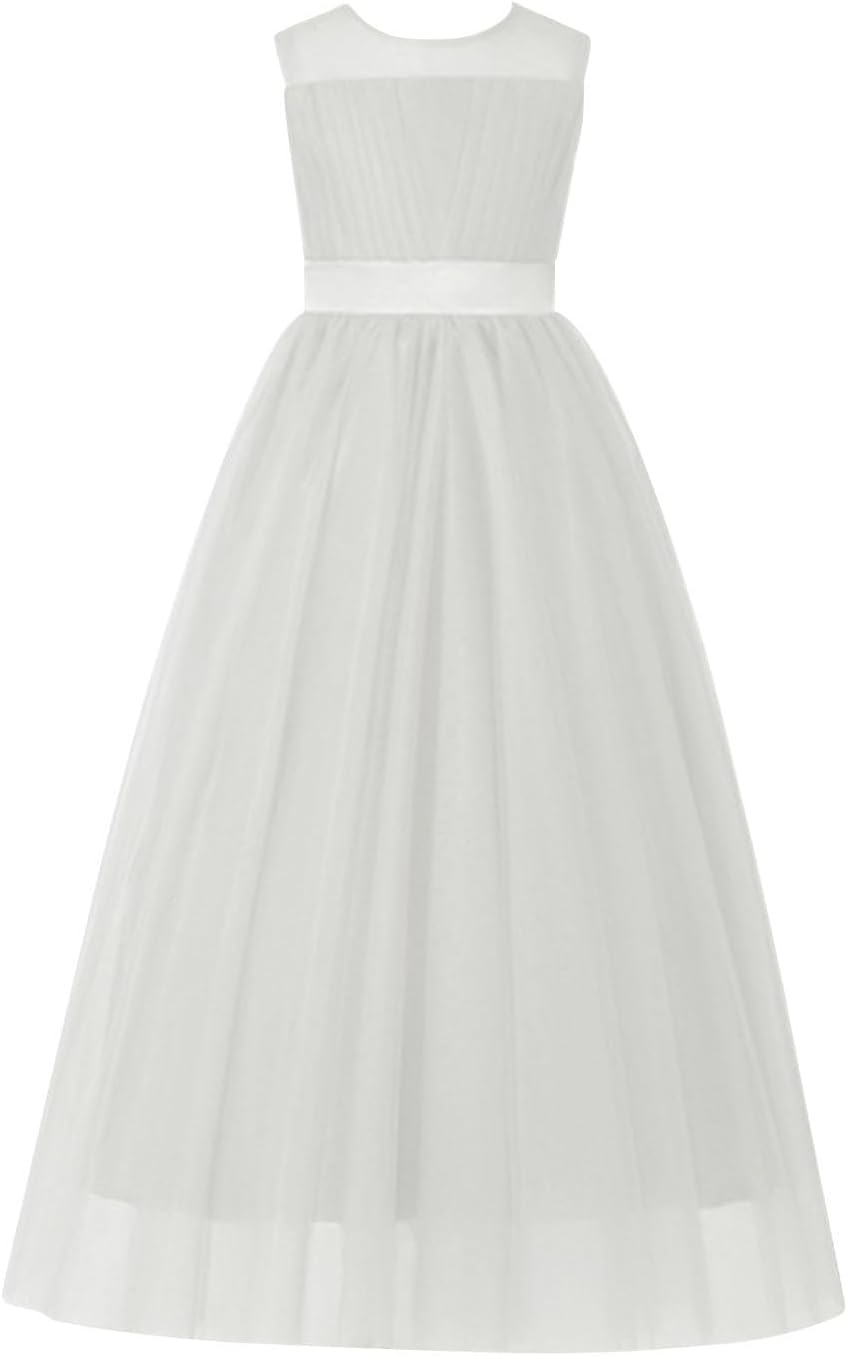 Mesh Princess Dress Sleeveless Solid Birthday Party Performance Formal Wear Round Neck Fashionable Dresses for Kids