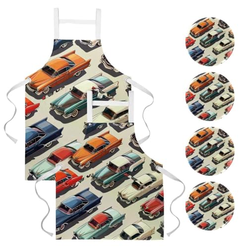 Lot de 2 tabliers de cuisine multicolores avec motif de voiture vintage