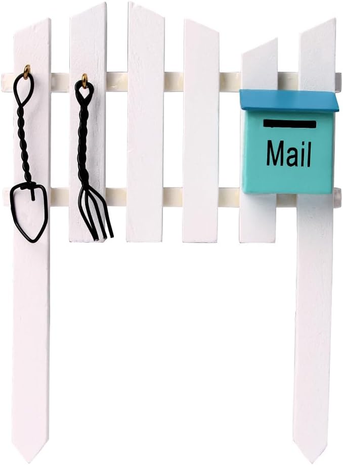 Leadigol Miniature Wooden Fence with Blue Mailbox Mini Fairy Garden Fence Wood Picket Ornament Cute Resin Fence Figurines DIY Small Fence Fairy Garden Micro-Landscape Accessories