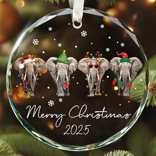 KATLADIZ Ornamento de elefante - Presentes de elefante para mulheres - Enfeite de Natal de elefantes - Ornamentos de animais e elefantes para árvore de Natal - Enfeite de pendurar em vidro 2025