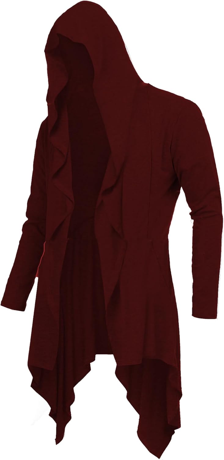 RAGEMALL Mens Ruffle Shawl Collar Cardigans Long Hooded Cardigan Open Front Lightweight Drape Cape Sweater with Pockets