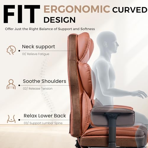 BESTFAIR Home Office Desk Chair 500Lb, Comfy Ergonomic Office Chair with Footrest, PU Leather Office Desk Chairs for Heavy People, High Back Executive Office Chair with Lumbar Support, Brown - Thumbnail 7