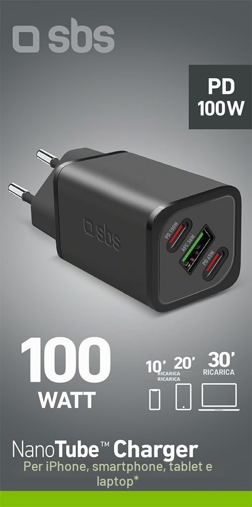 SBS Alimentatore Slim USB-C 100W, Tecnologia GaN, Power Delivery (PD), Ricarica Rapida, Adaptive Fast Charge (AFC), Caricatore iPhone, iPad, MacBook Air, Samsung, Tablet, Smartphone, Notebook, Nero