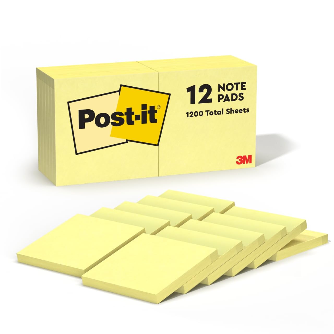 Post-it Notes Original Pads in, 3"x3", 100 Sheet, Pack of 12, Canary Yellow (654YW)