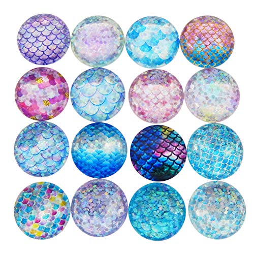 JJG 40pcs Mixed Mermaid Scale Round Time Gem Cover Glass Cabochon Dome Jewelry Finding Cameo Pendant Settings, 25MM