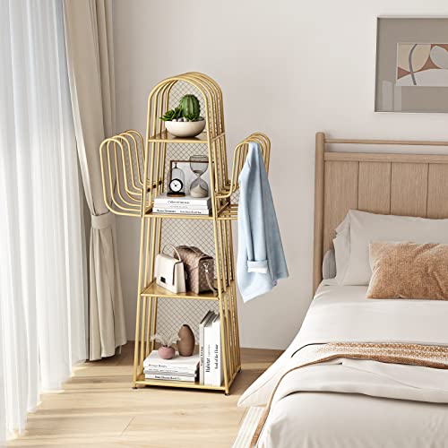 Image of DOORXIF 4-Tier Gold Bookshelf Freestanding, Cactus Bookcase 4 Cube Storage Organizer Closet Corner Metal Display Cabinet, Corner Bookshelf for Small Spaces, Gold Bookcase for Bedroom Office