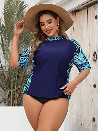 Attraco Womens Rashguard Short Sleeve Plus Size Swim Top Tropical Leaves Print 2X #TOP3
