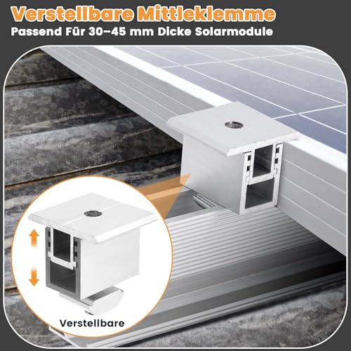 Solarmodul Halterung Ziegeldach Set Für 2 Module, Therlan Upgrade 200MM Aluprofil & Photovoltaik Dachhaken, Verstellbar Solar Halterung Anwendbar Solarmodule Dick 30-45mm, Solarpanel Halterung Set